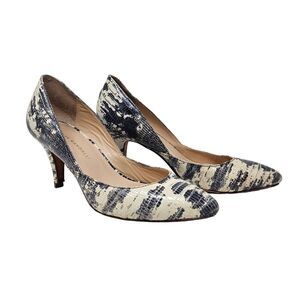 LOEFFLER RANDALL 7.5 B Snake Embossed Leather Pumps Black White 3" Heels